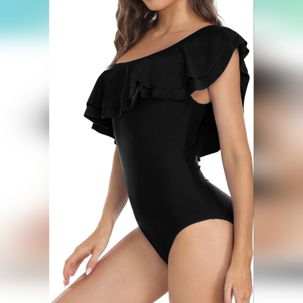 One Shoulder Swimsuits Slimming One Piece Ruffled Asymmetric - Picture 3 of 8
